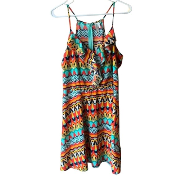 Pink Owl Dresses & Skirts - Pink Owl Mini Dress Size Large Southwest Aztec Ruffle Tunic Front Geometric